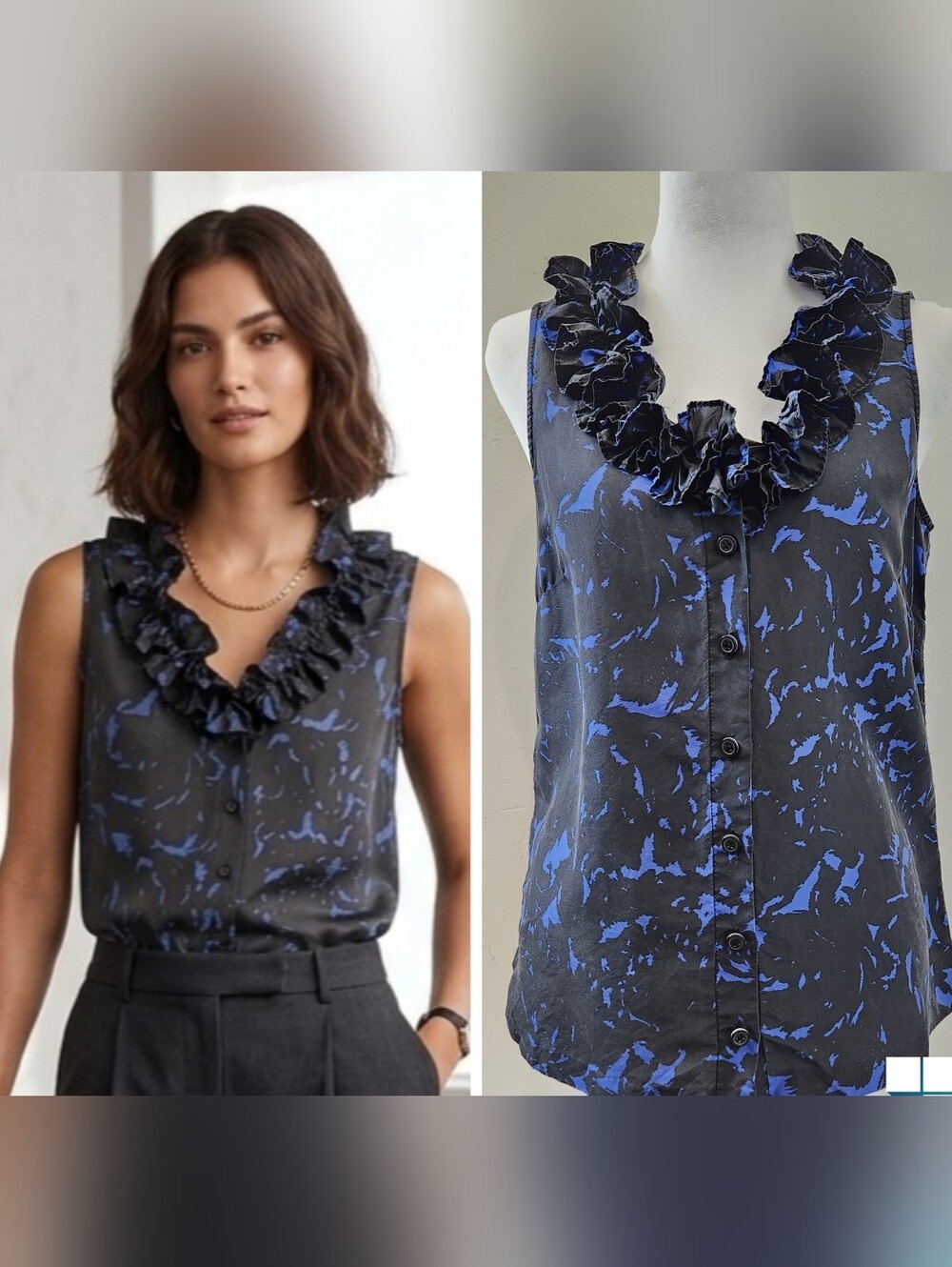 J.Crew Silk Blouse Black Sleeveless Button-Up Ruffle-Neck Camisole Size 4 Office